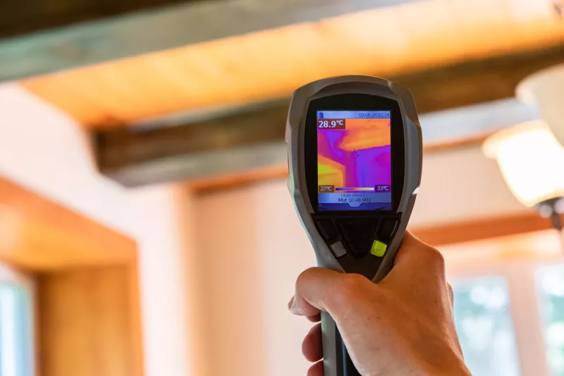 An infrared thermal imaging device is seen in use, close up during an indoor environmental quality and regulation assessment, with copy space.