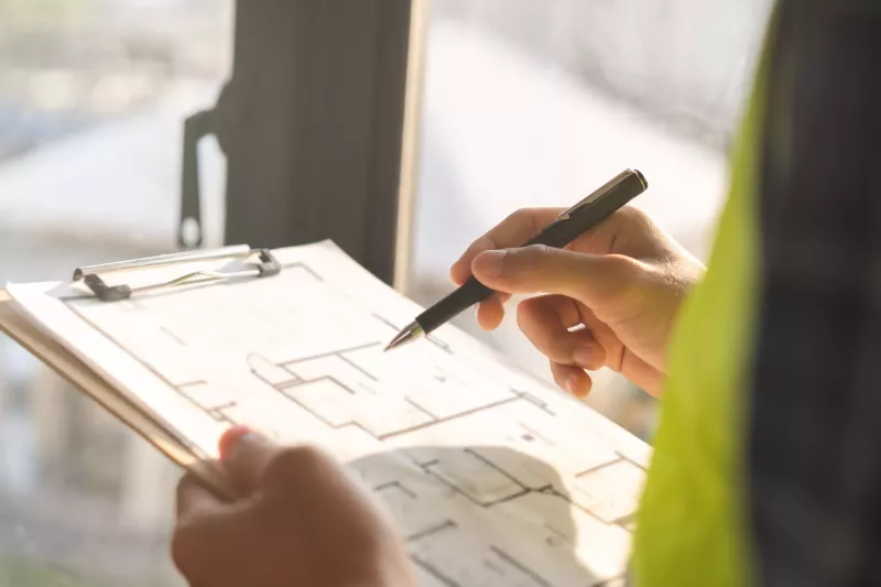 Building inspection, asian contractor young man, male inspecting home, reconstructed construction, renovation or check defect, before finish handing it over to client, customer. Engineering worker.