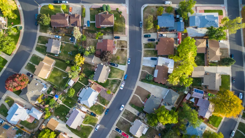 Aerial view of residential neighborhood in the Autumn.