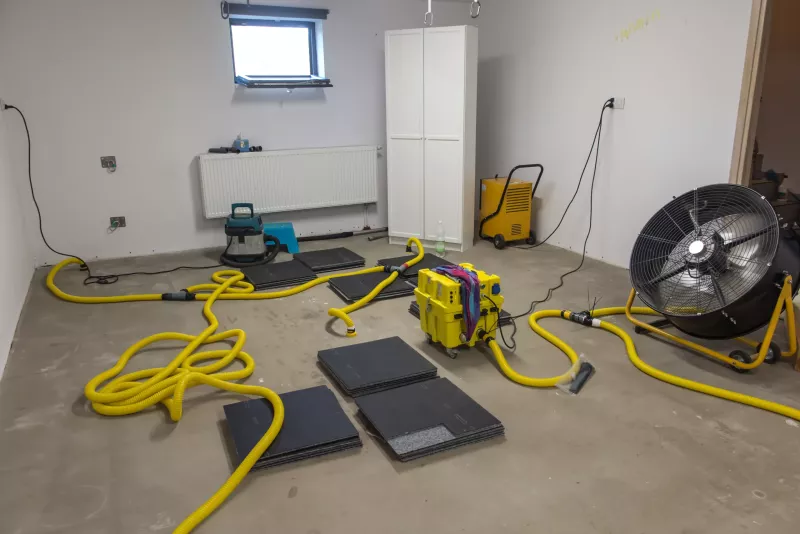 Drying a concrete floor under a fabric covering. After pouring, initial drying, and then drilling and blowing hot air into the heating zone and drying the outgoing air.